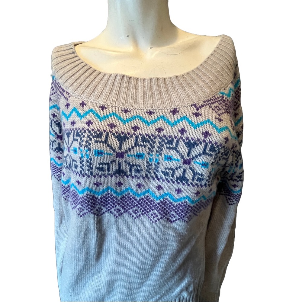 Op Womens Gray Pullover Sweater Nordic Fair Isle Off Shoulder Acrylic size large